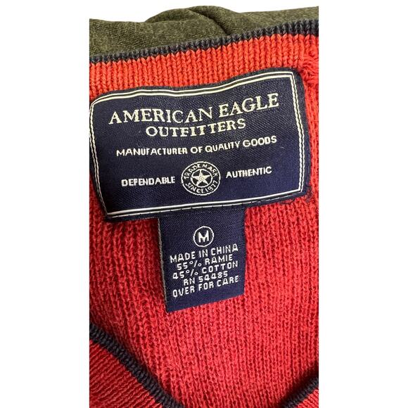 🧶 American Eagle M Rust V-Neck Sweater Stripe Chest Cozy 90s Y2K Preppy Knit - Picture 4 of 4